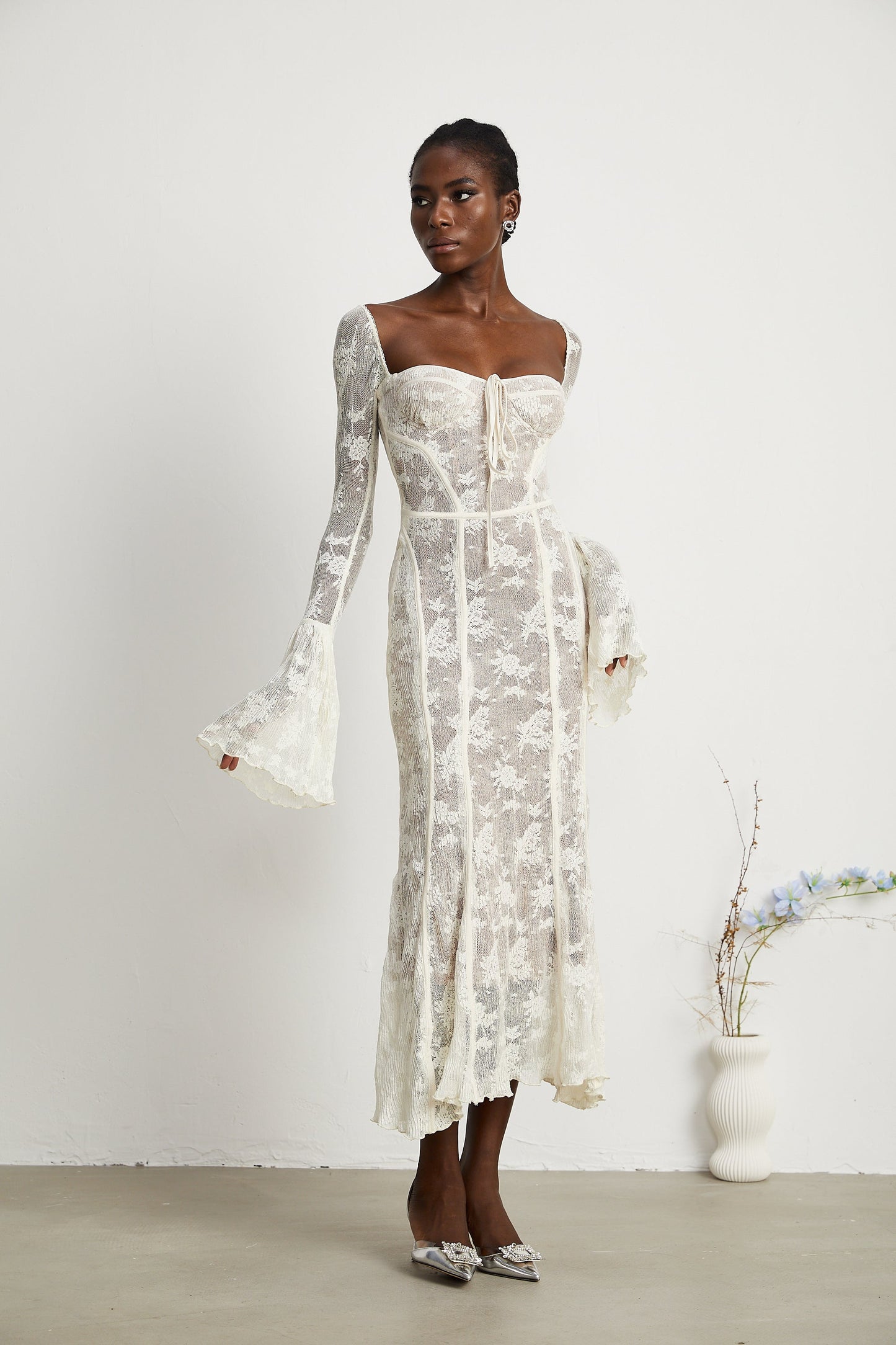 Ivory Lace Maxi Dress with Flared Sleeves for Women - Camilla