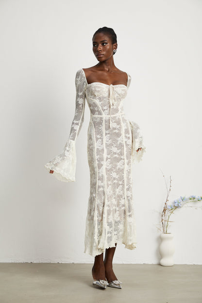 Ivory Lace Maxi Dress with Flared Sleeves for Women - Camilla