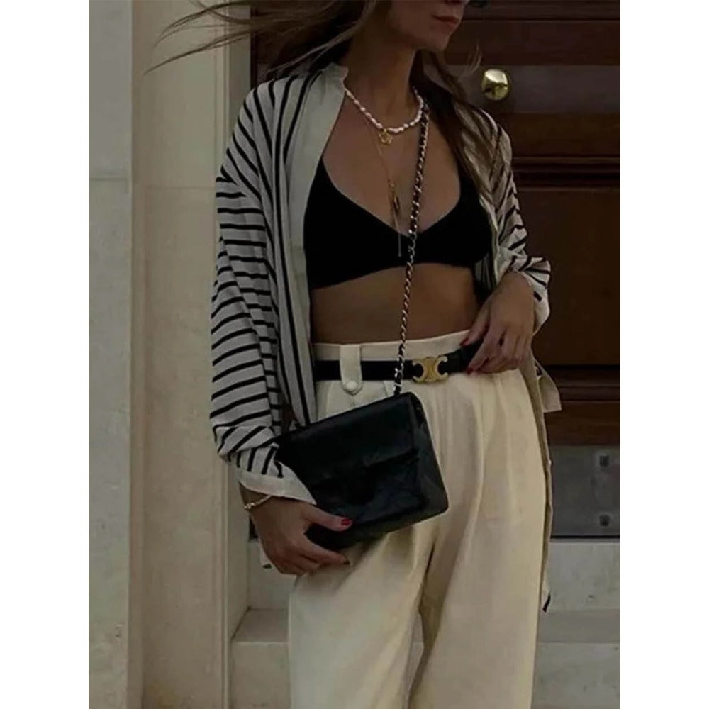 Beige Black Striped Long Sleeve Button Down Shirt for Women - Edvige