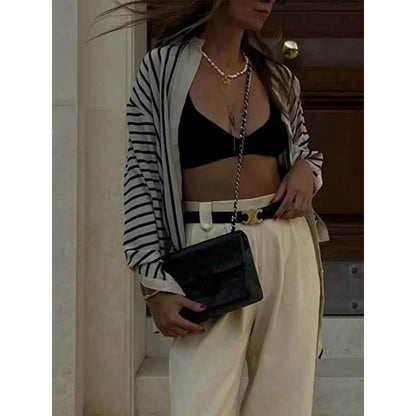 Beige Black Striped Long Sleeve Button Down Shirt for Women - Edvige