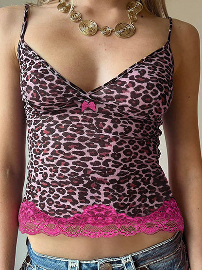 Pink Y2k Lace Stitching Cami Top with Leopard Print