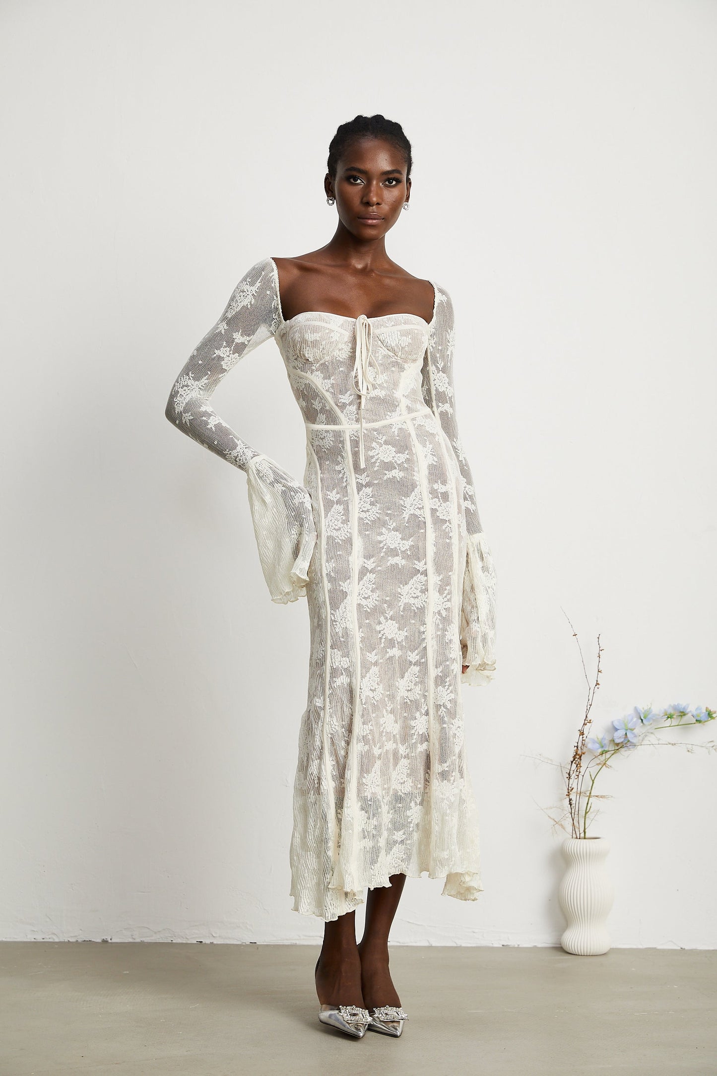 Ivory Lace Maxi Dress with Flared Sleeves for Women - Camilla