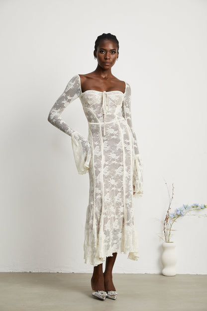 Ivory Lace Maxi Dress with Flared Sleeves for Women - Camilla