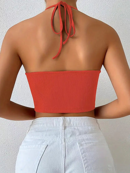 Camiseta sin mangas con cuello halter, espalda descubierta y lazo en forma de aro en color rojo Y2K 