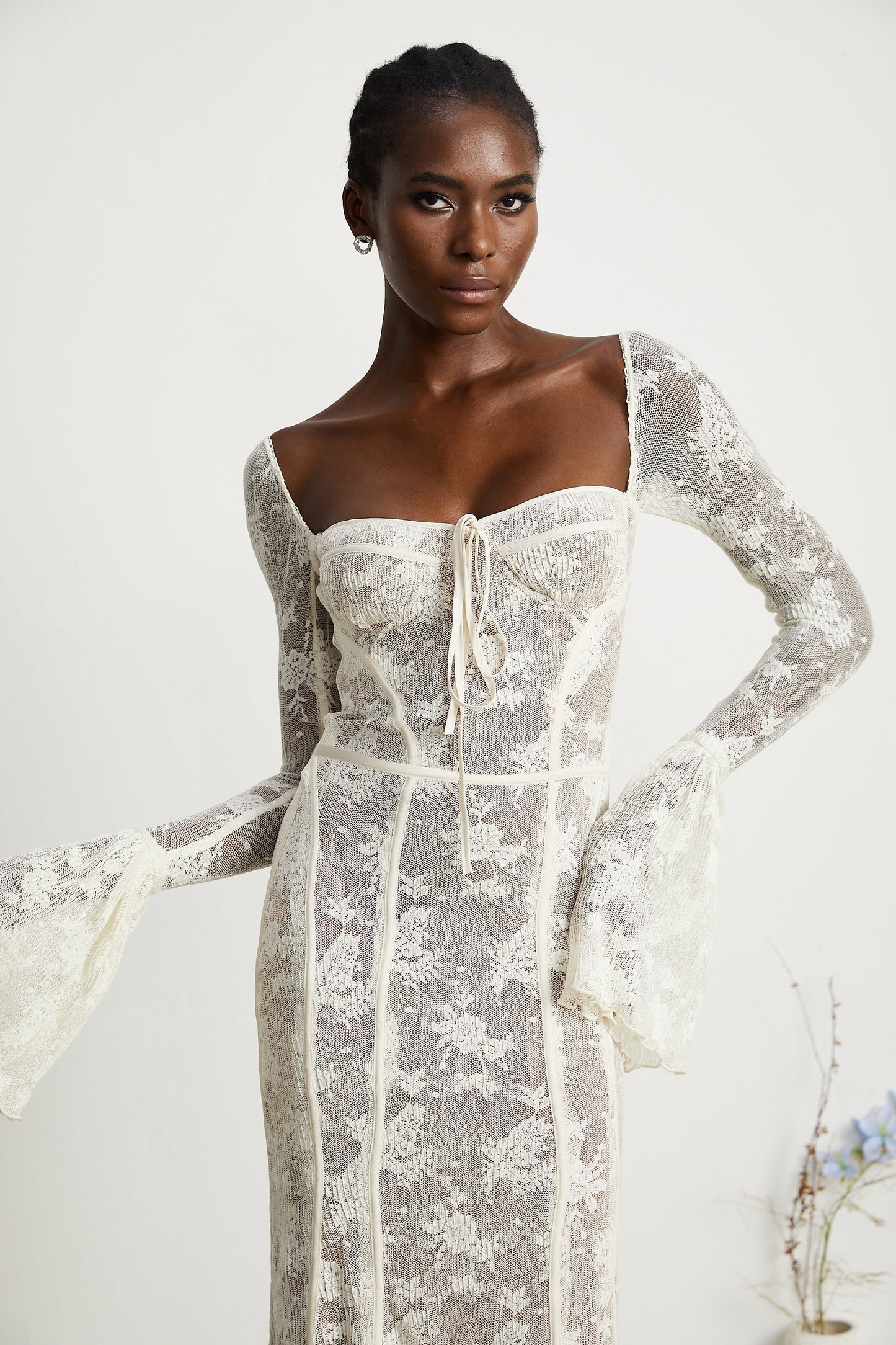 Ivory Lace Maxi Dress with Flared Sleeves for Women - Camilla