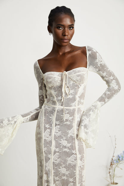 Ivory Lace Maxi Dress with Flared Sleeves for Women - Camilla