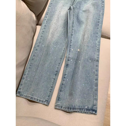 Light Blue High Waist Wide Leg Rhinestone Jeans for Women - Ursula