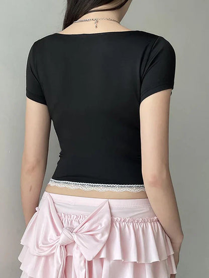 Vintage Bow Lace Trim Slim Crop Top with V Neck