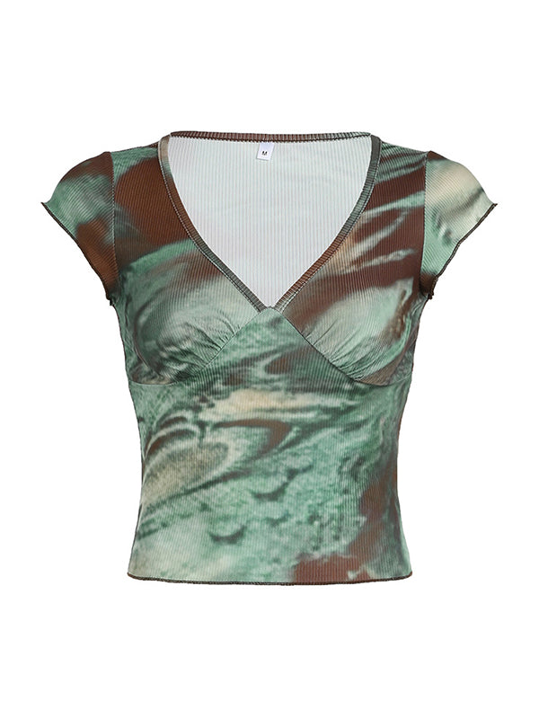 Vintage Oil Print Short Sleeve Tee with deep V-Neck