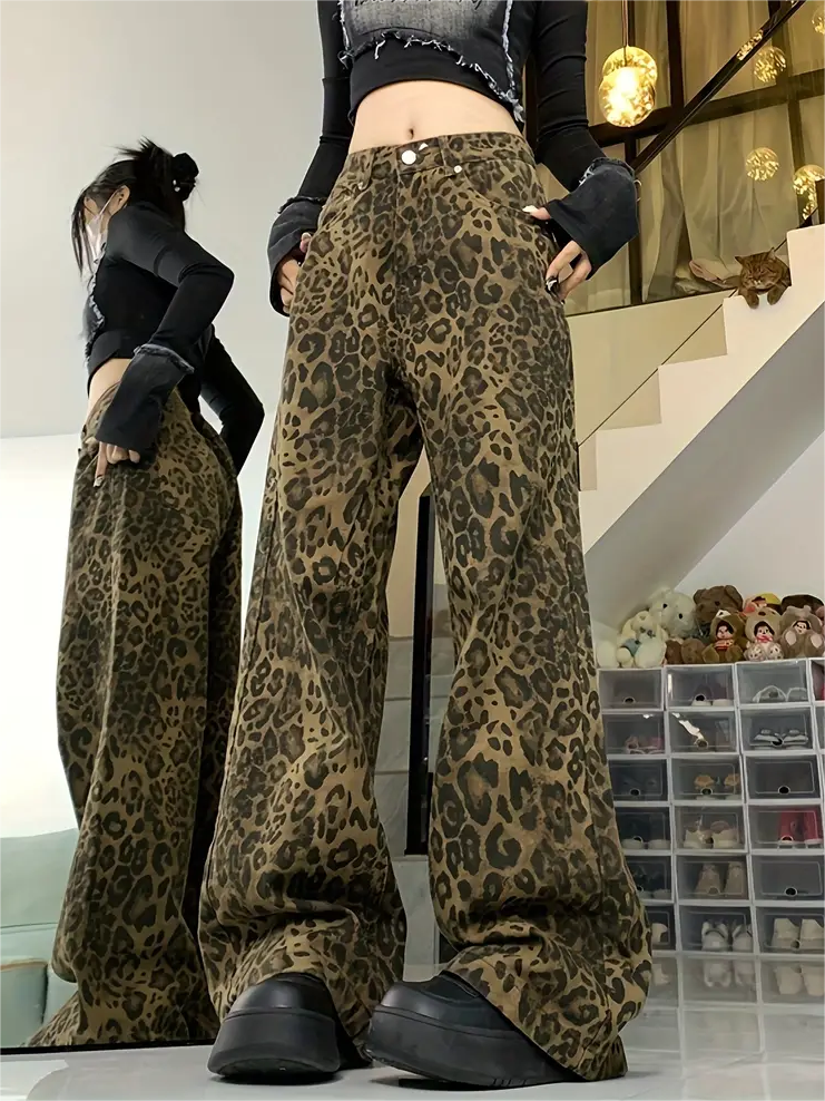 Y2k Leopard Baggy Boyfriend Jeans