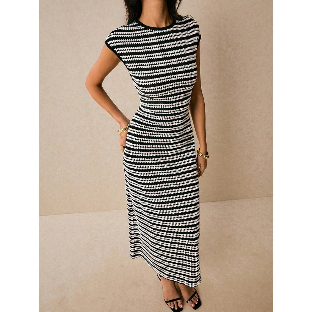 Black White Striped Midi Dress with Cap Sleeves for Women - Alba