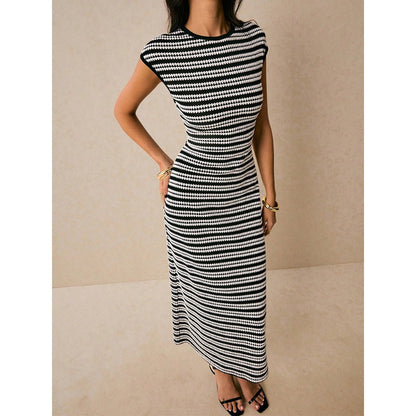 Black White Striped Midi Dress with Cap Sleeves for Women - Alba
