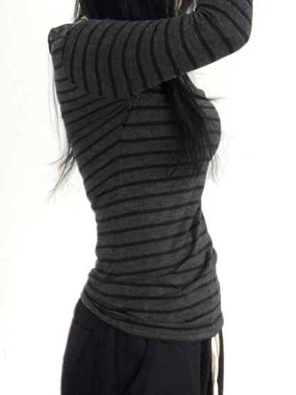 Vintage Striped One Shoulder Long Sleeve Top