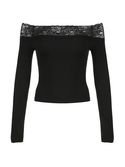 Vintage Black Off-the-Shoulder Long Sleeve Top with Lace Splice