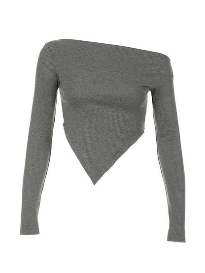 Grey Off Shoulder Irregular Slit Hem Sweater