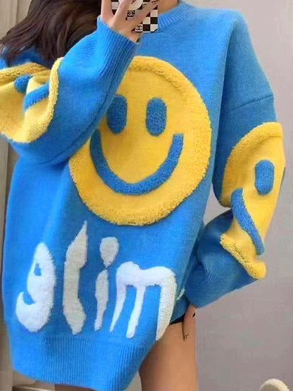 Solid Color Y2k Smile Print Thicken Loose Sweater