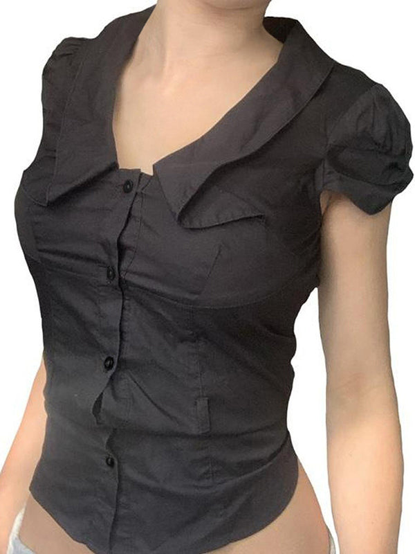 Black Vintage Buttoned Pleated Slim Fit Short Sleeves Shirt