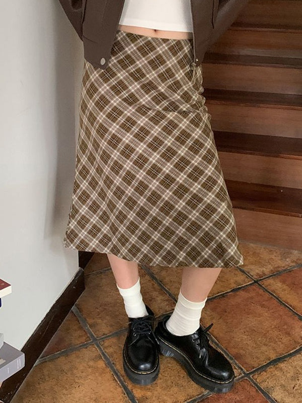 Brown Vintage Low Waist Checkered Midi Skirt