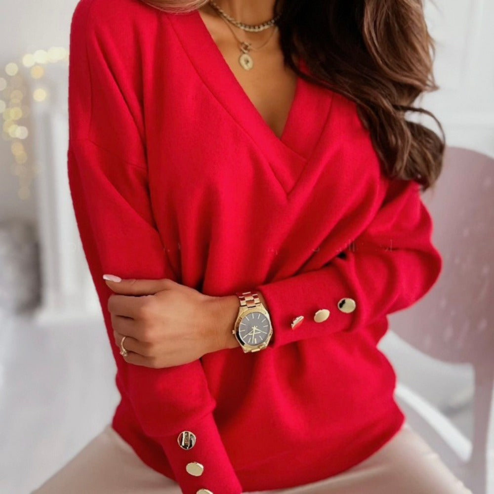 V-Neck Sweater with Button Sleeves for Women - Antonella
