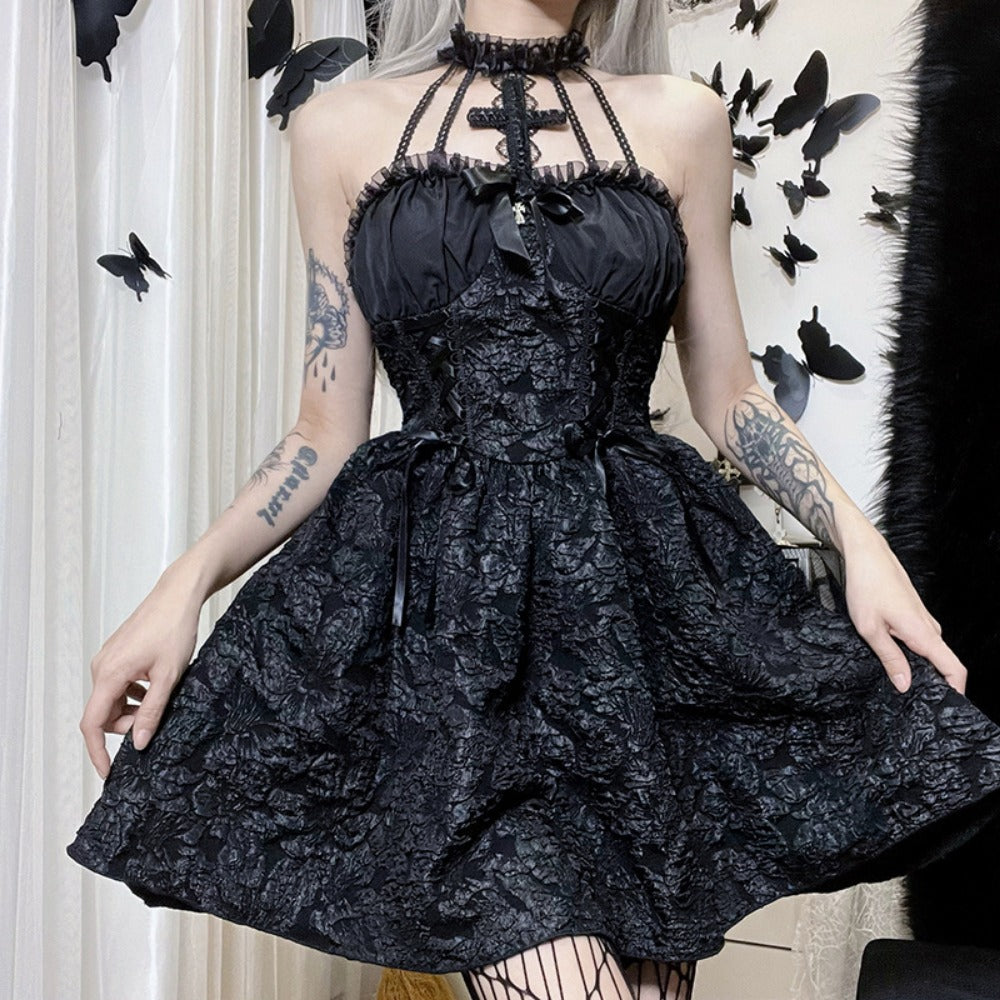 Black Lace Halter Mini Dress with Corset Detail for Women - Linda