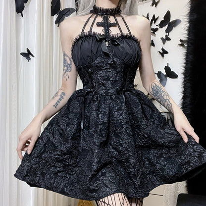 Black Lace Halter Mini Dress with Corset Detail for Women - Linda