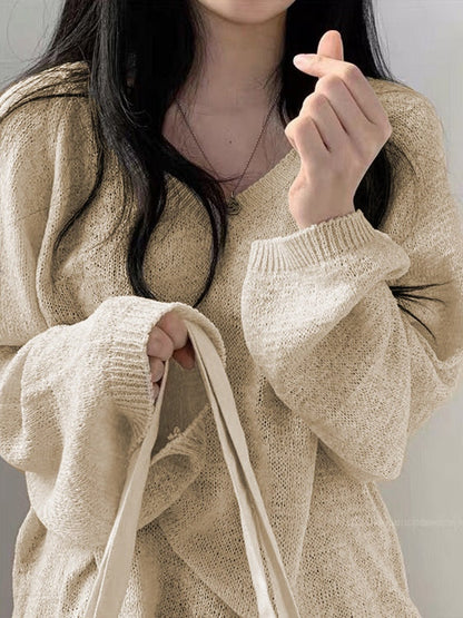 Y2k Apricot Color Cozy V Neck Baggy Thin Sweater