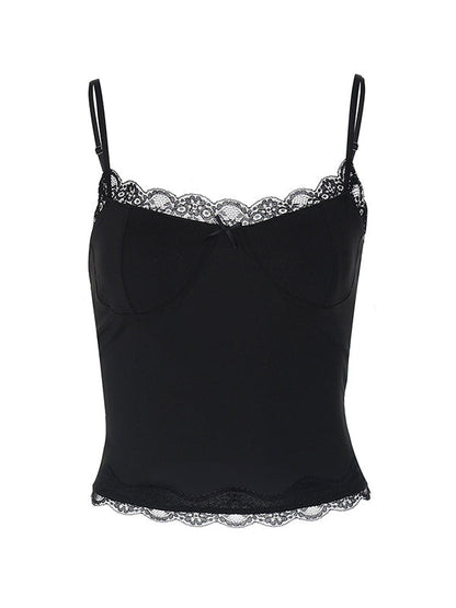 Black Vintage Lace Paneling Black Slim Fit Cami Top