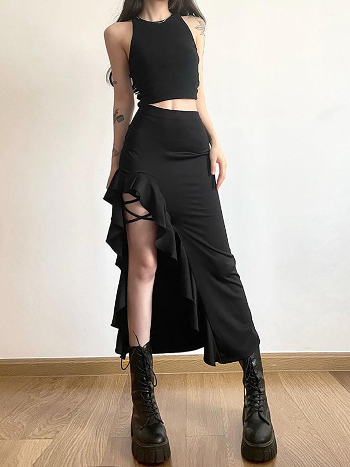 Black Punk High Waist Irregular Split Goth Skirt