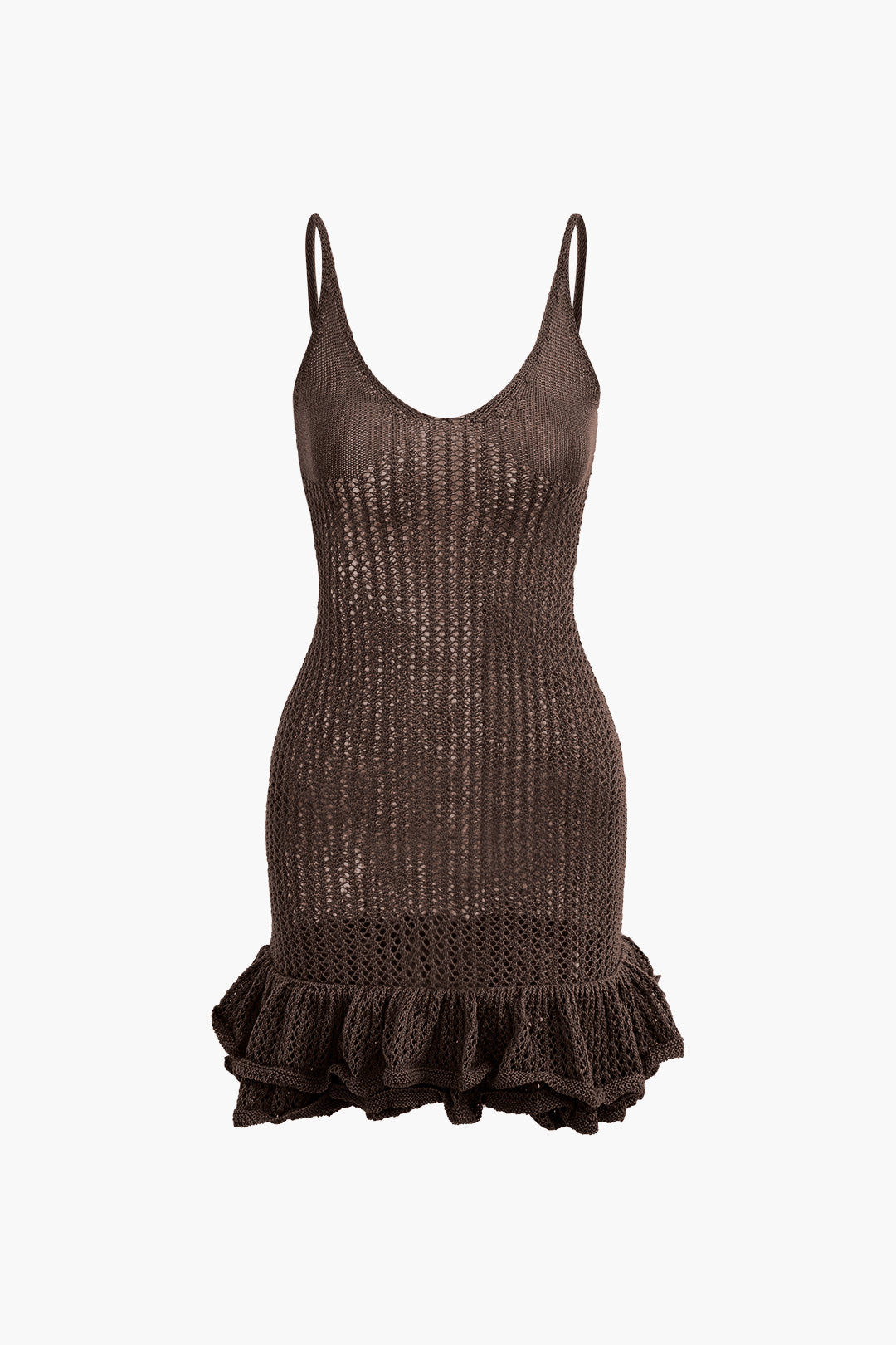 Solid Color Open Knit Ruffle Hem Cami Mini Dress