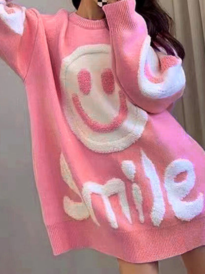 Solid Color Y2k Smile Print Thicken Loose Sweater