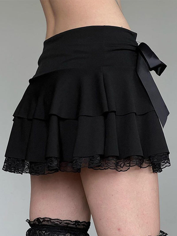 Black Bow Lace Splice Low Rise Tiered Mini Skirt