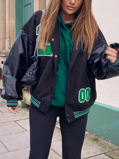 Chaqueta universitaria retro negra con logotipo de gran tamaño