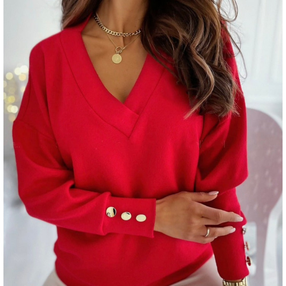 V-Neck Sweater with Button Sleeves for Women - Antonella