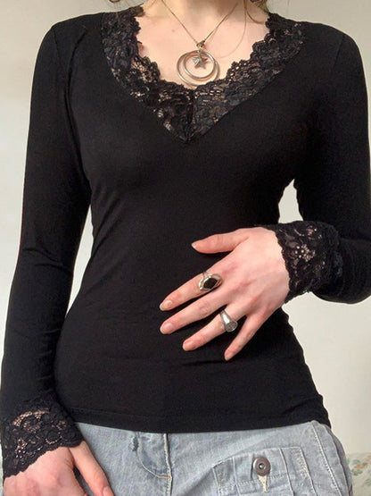 Classic Black V Lace Stitching Long Sleeve Tee