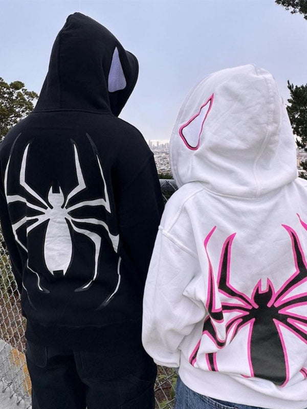 Sudadera con capucha y cremallera estilo punk con estampado de araña