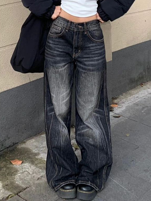 Black Vintage High Street Wide Leg Boyfriend Jeans