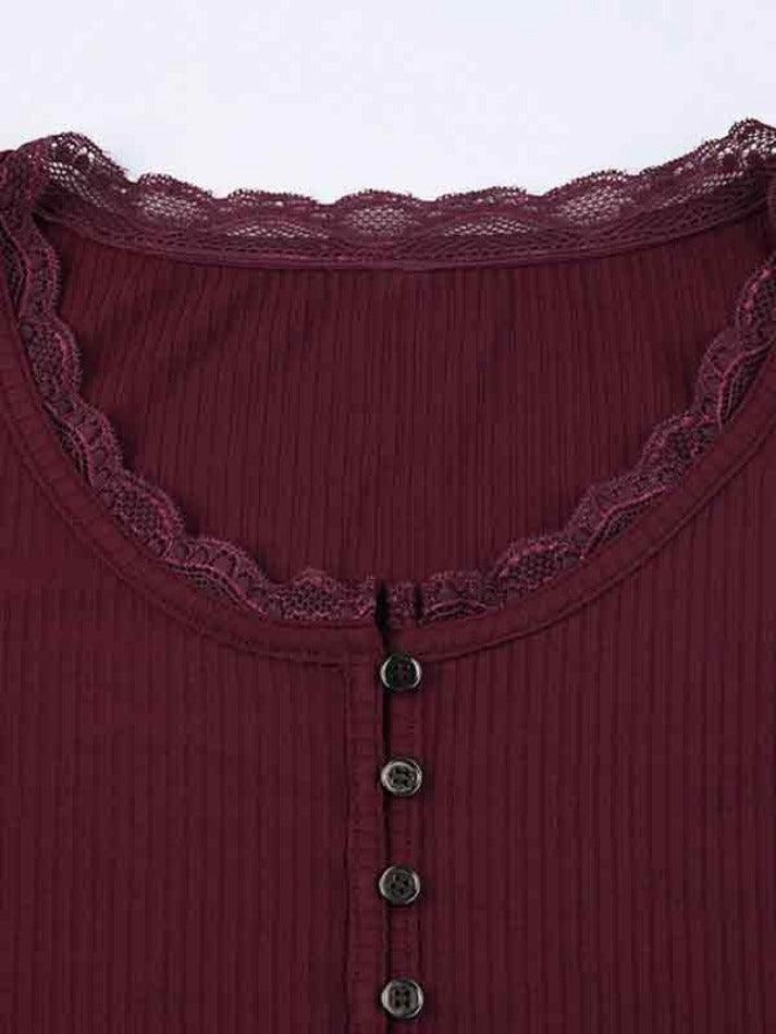 Y2k Red Solid Lace Trim Breasted Long Sleeve Knit