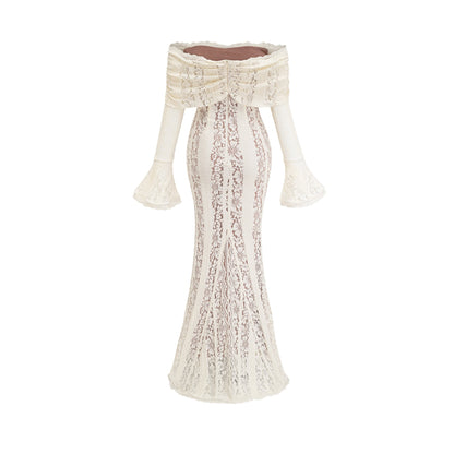 Ivory White Lace Maxi Dress with Off Shoulder Sleeves for Women - Lucrezia