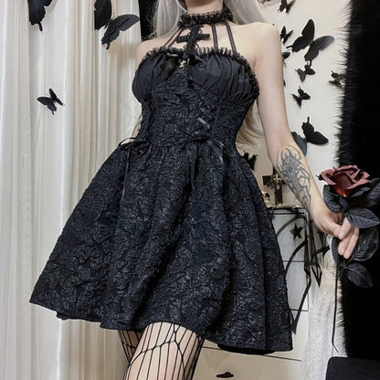 Black Lace Halter Mini Dress with Corset Detail for Women - Linda