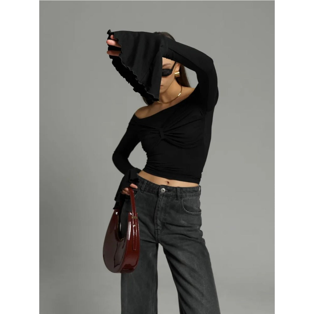 Off Shoulder Long Sleeve Top with Flared Cuffs for Women - Orsola