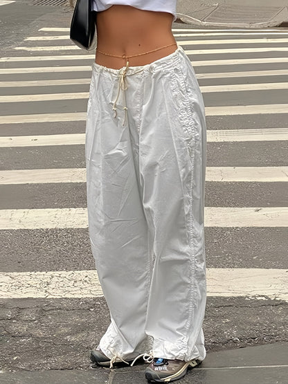 White Low Waist Parachute Cargo Pants