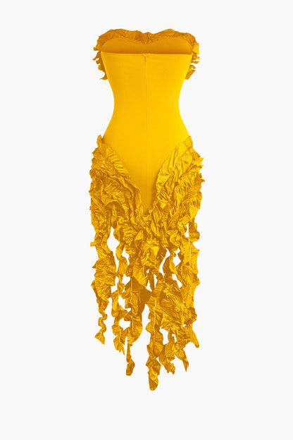 Solid Color Ruffled Fringe Strapless Midi Dress