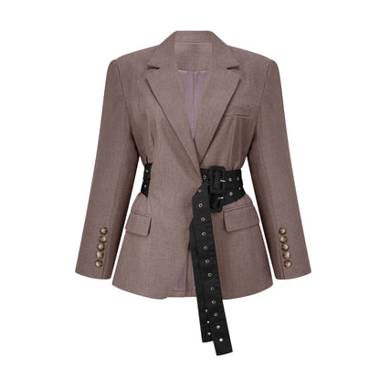Grey Blazer with Belt and Pocket Detailing for Women - Francesca