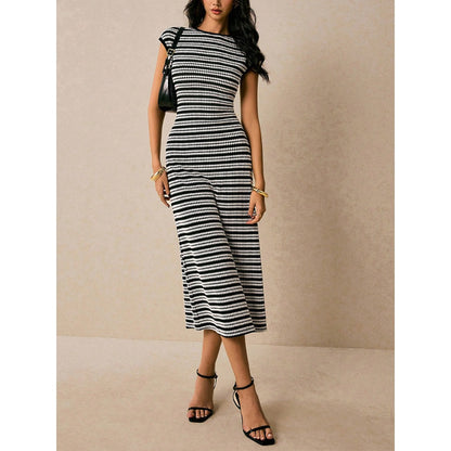 Black White Striped Midi Dress with Cap Sleeves for Women - Alba