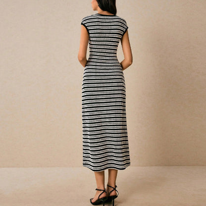 Black White Striped Midi Dress with Cap Sleeves for Women - Alba