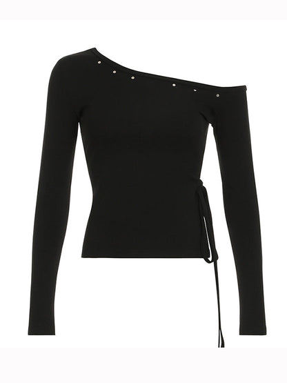 Black Y2k One Shoulder Rivet Long Sleeve Tee