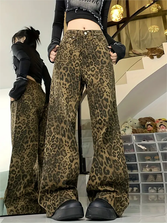 Y2k Leopard Baggy Boyfriend Jeans