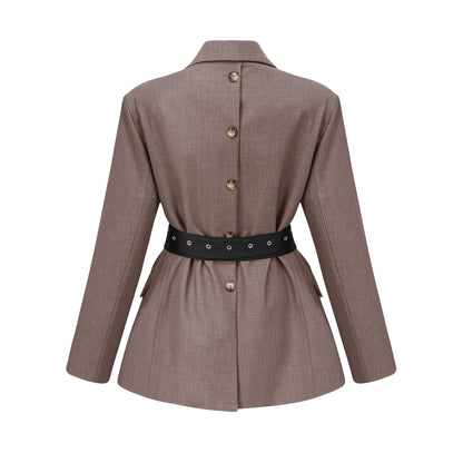 Grey Blazer with Belt and Pocket Detailing for Women - Francesca