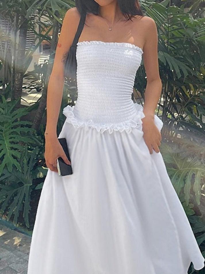 White Vintage Off Shoulder Shirred Tube Maxi Dress