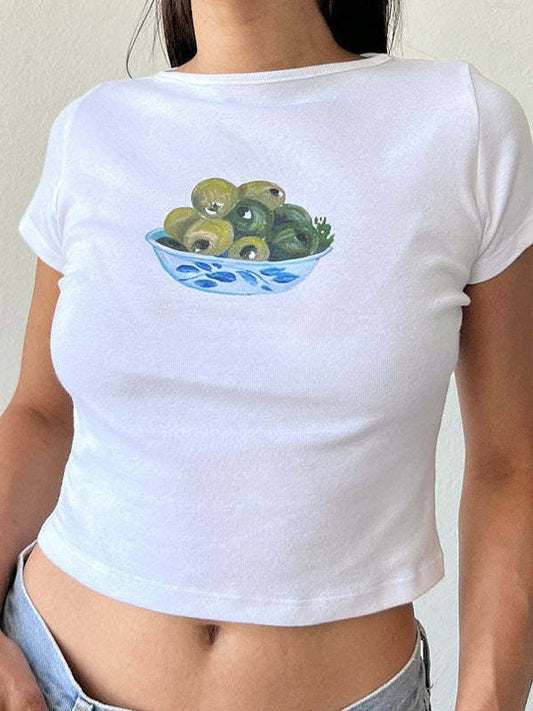 Camiseta de manga corta con cuello redondo y estampado de frutas